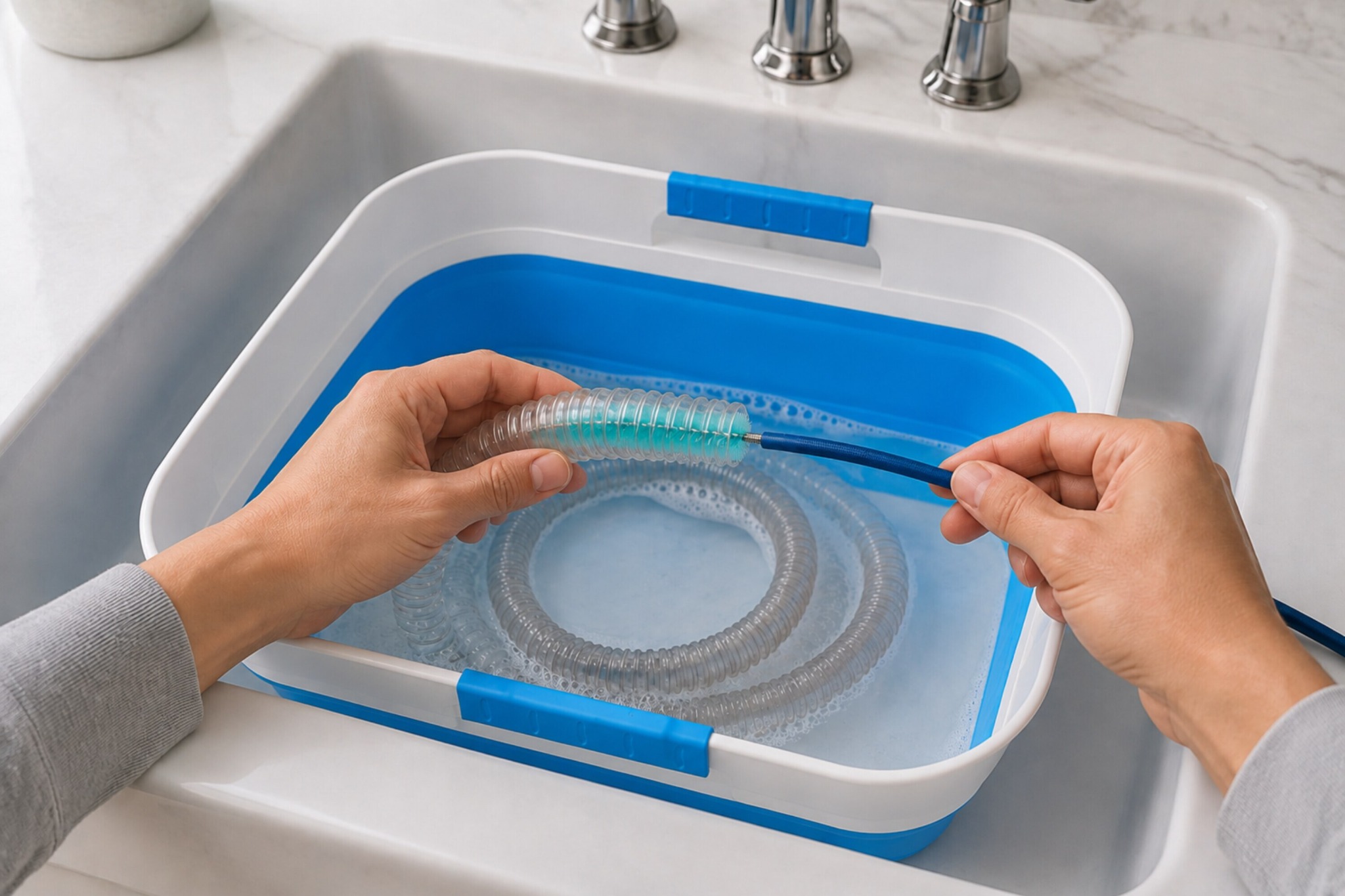 Cleaning a CPAP hose in the MOZZPAD basin