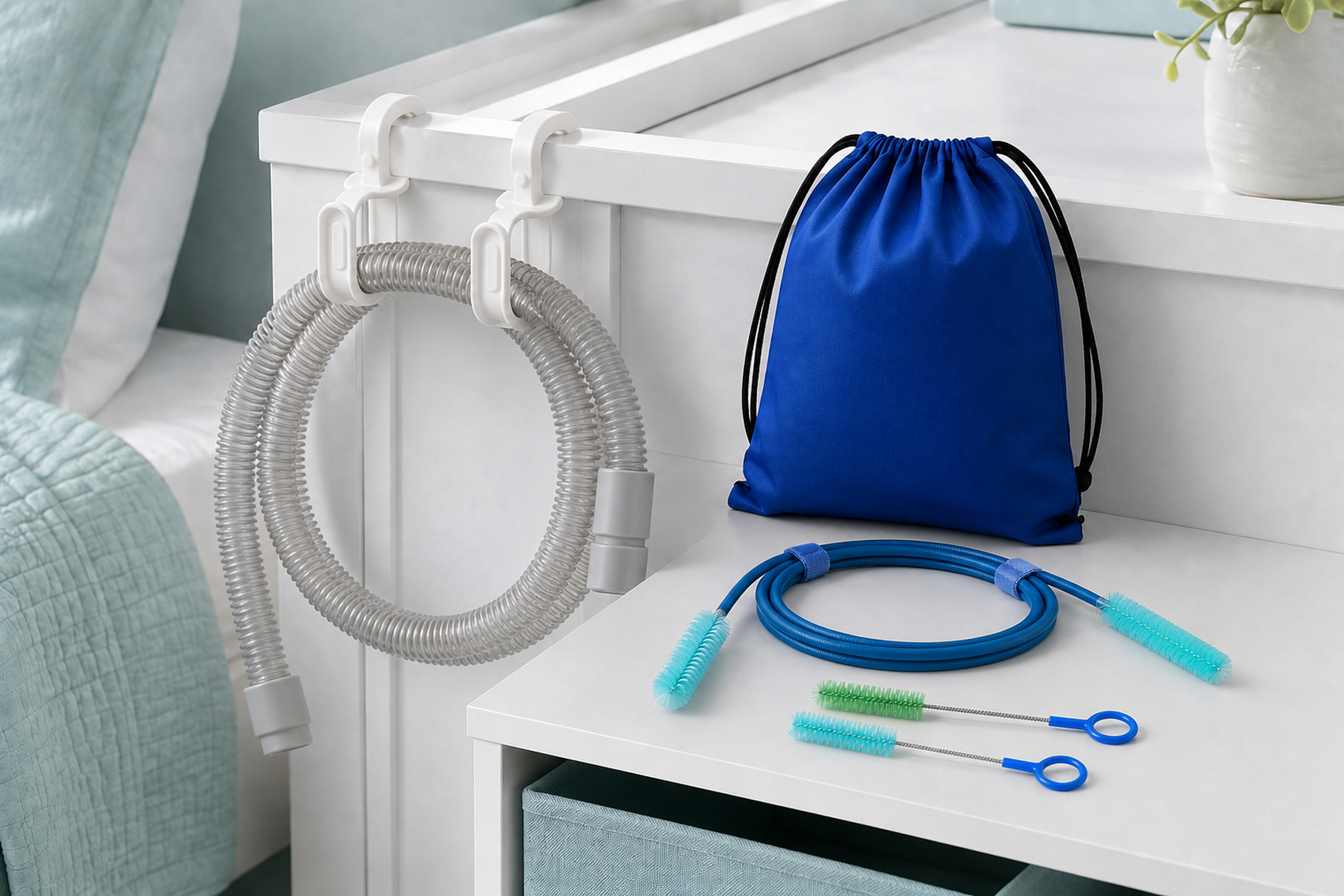 CPAP hoses and cleaning brushes organized beside a bed